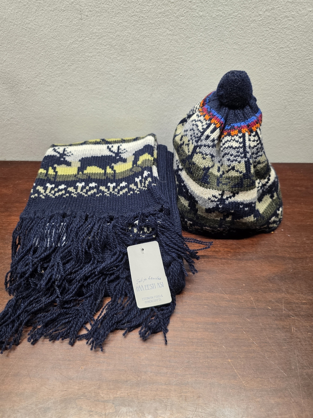 Navy & Cream Kids Knit Hat with Pom and Matching Scarf 100% Wool